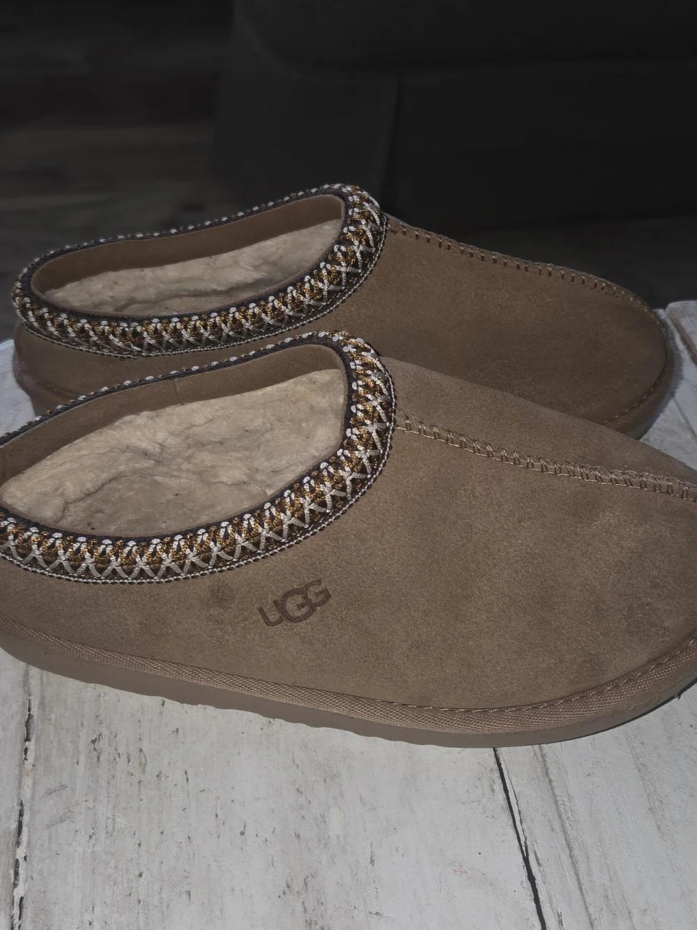 UGG Brown Suede Kids Mule Slippers with Braided Collar